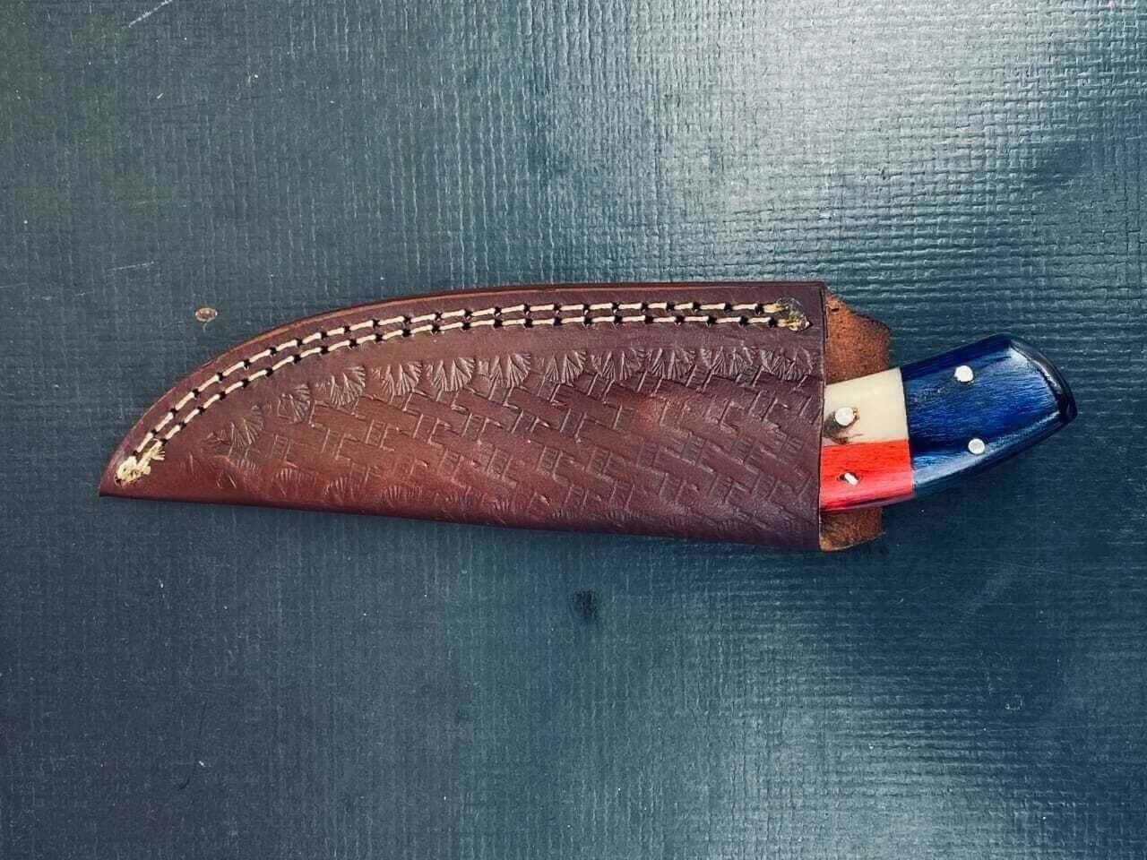 Handmade Damascus Steel Hunting Skinner Knife with American Flag Handle and Leather Sheath