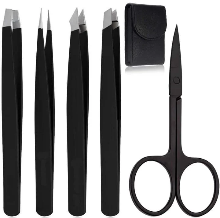 Black Stainless Steel Eyebrow Tweezers & Scissors Set with Pouch