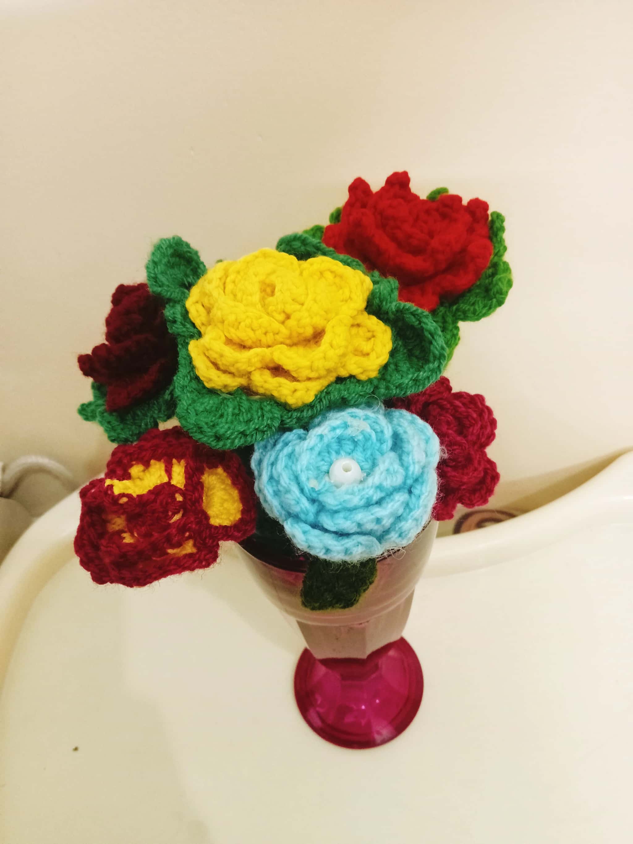 Handmade Crochet Flower Bouquet – Colorful Layered Yarn Flowers with Green Leaves