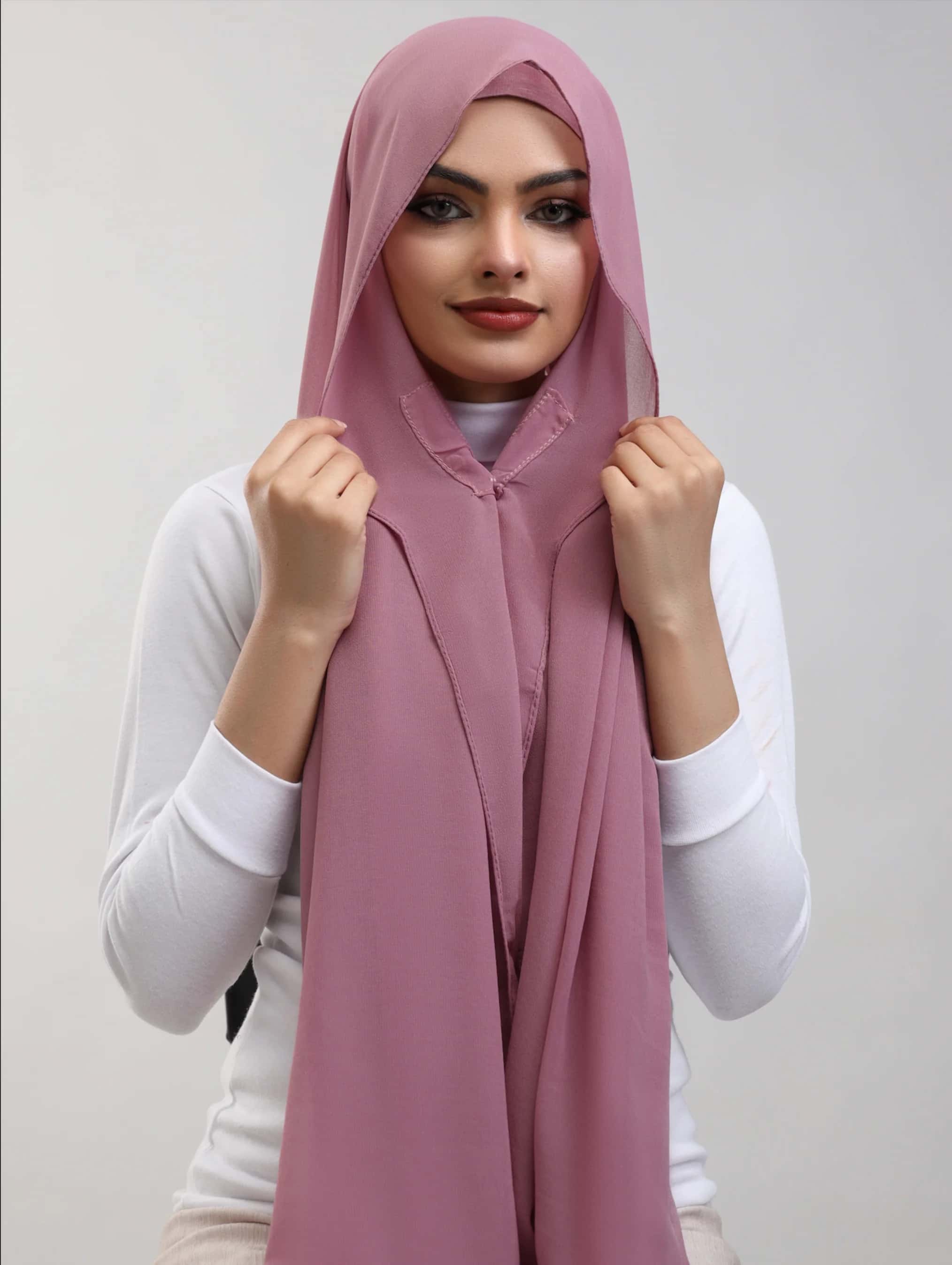 SAJDAH Lightweight Sheer Hijab with Stitched Edges – Draped Wrap Style | Soft Pink, Dark Green, Navy Blue & White
