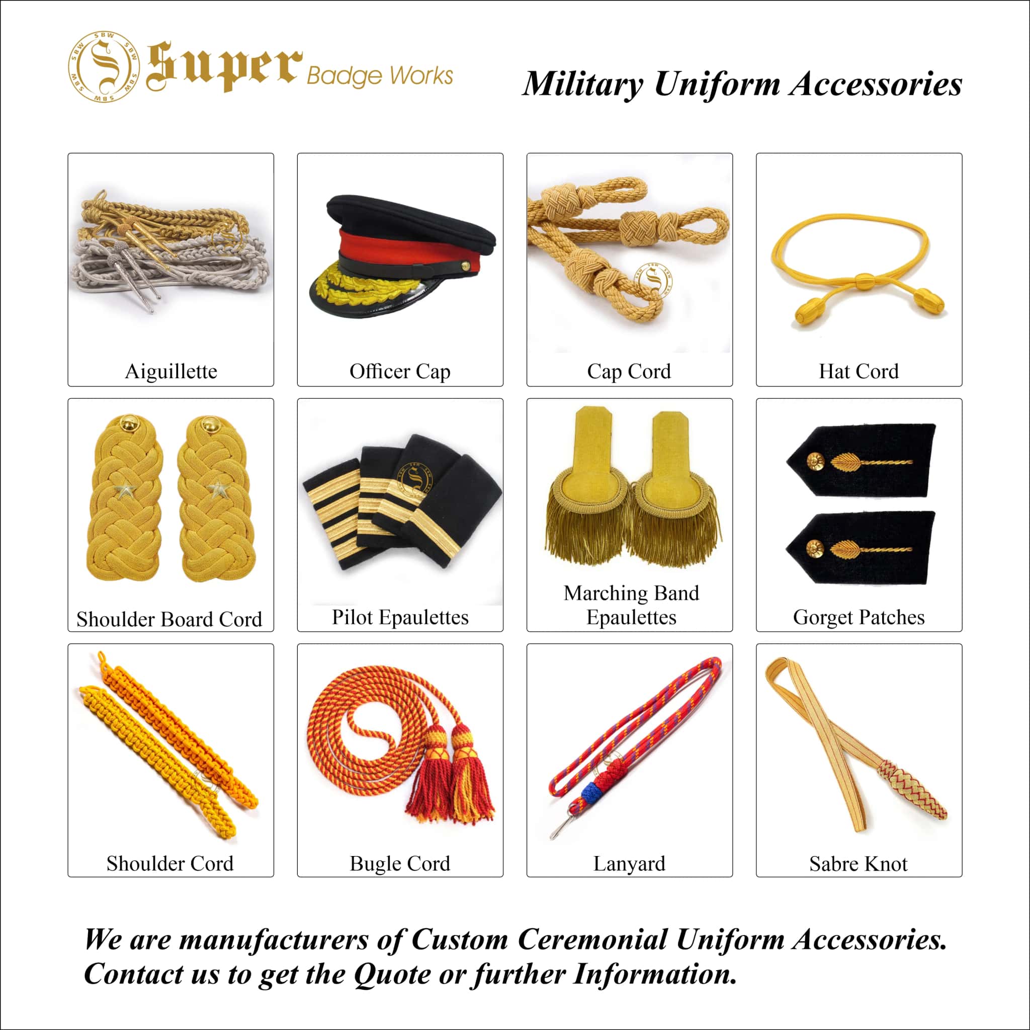 Custom Ceremonial Military Uniform Accessories – Aiguillettes, Cap Cords, Epaulettes, Lanyards & More | Super Badge Works