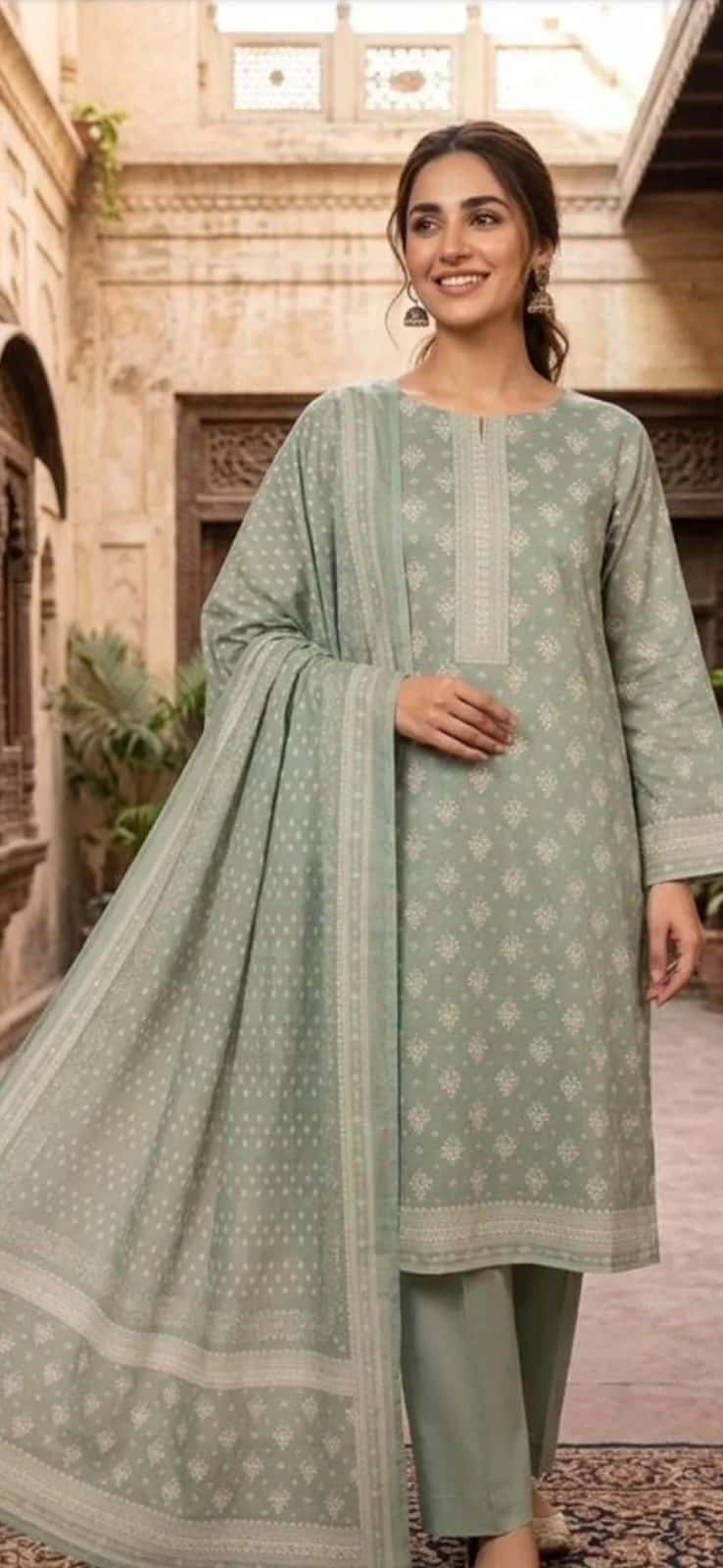 Sana Boutique Premium Mint Green 3-Piece Printed Lawn Suit – Straight Kurta, Trousers & Coordinating Dupatta