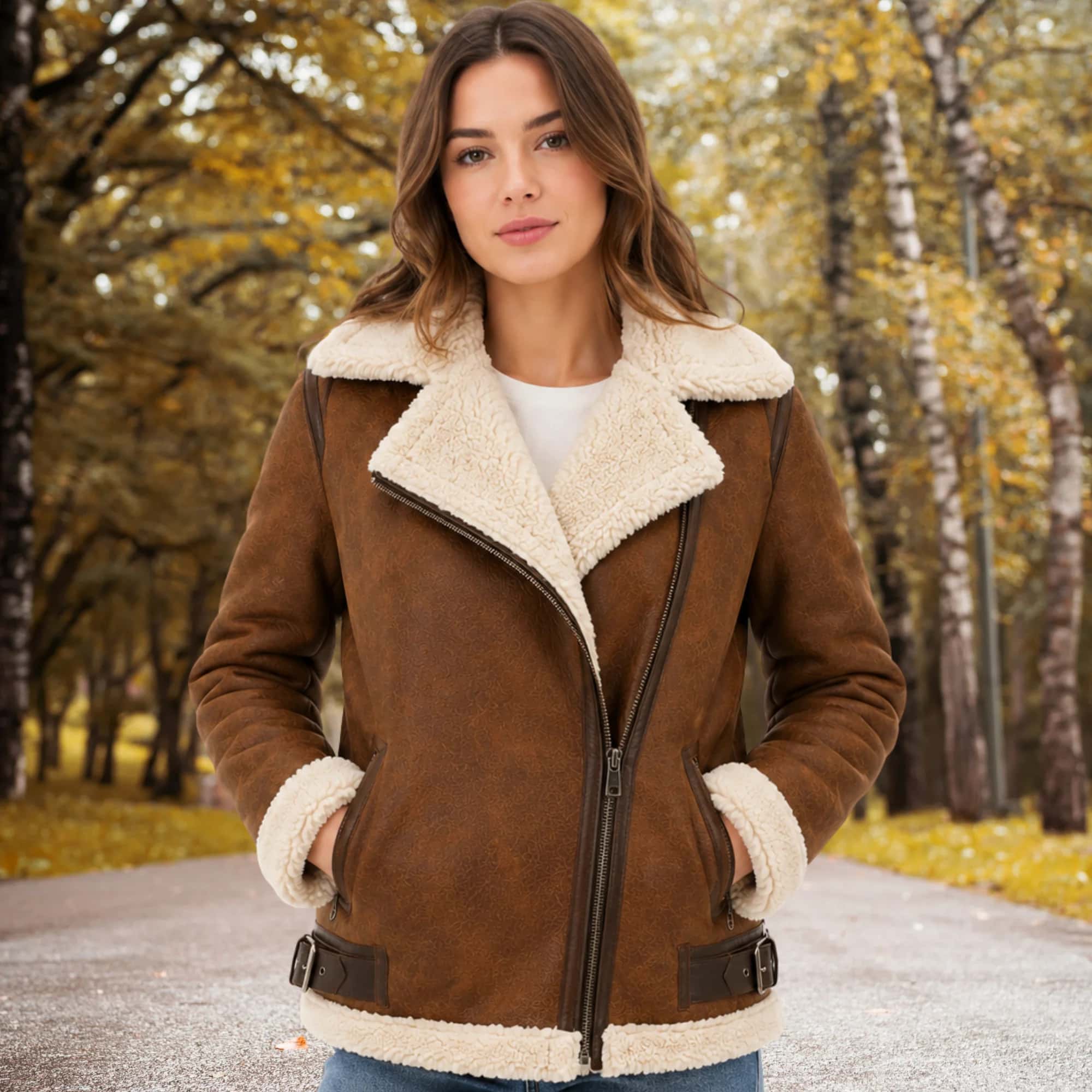 Royal Fit Women's Brown Leather Shearling Aviator Jacket – Sherpa Lined Winter Coat with Zippered Pockets, XS–3XL