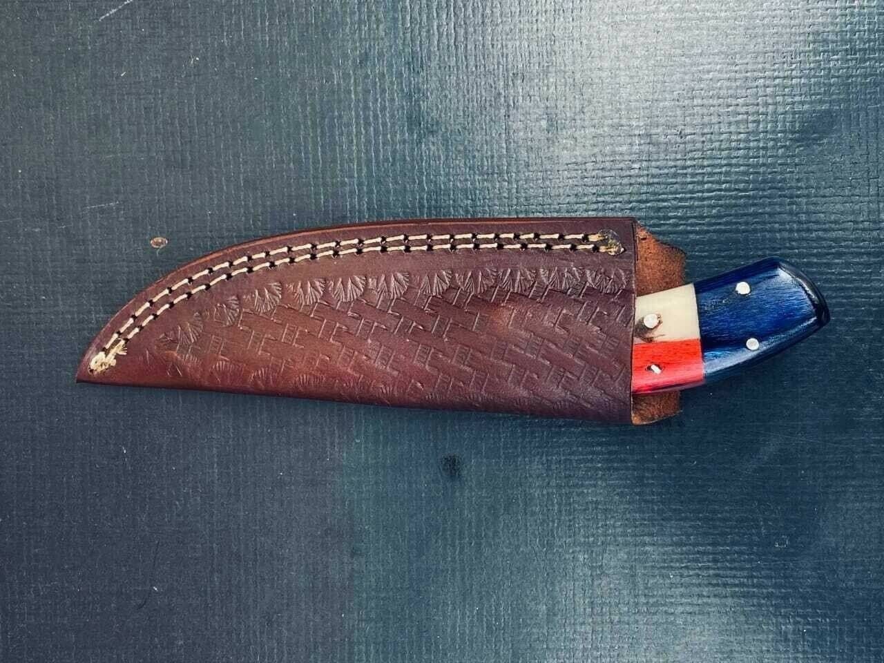 Handmade Damascus Steel Hunting Skinner Knife with American Flag Handle and Leather Sheath