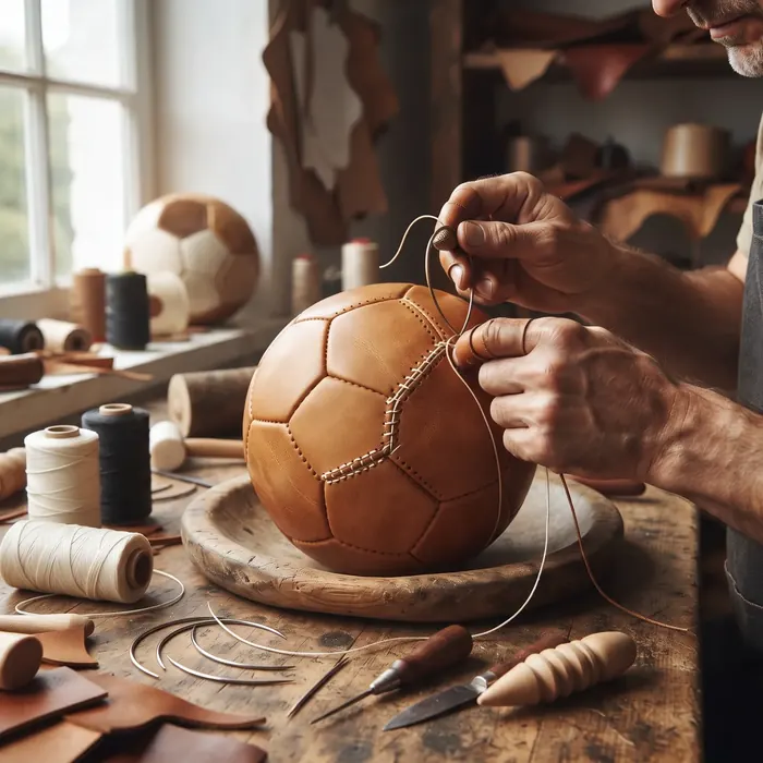 Craftsman hand-stitching a leather ball