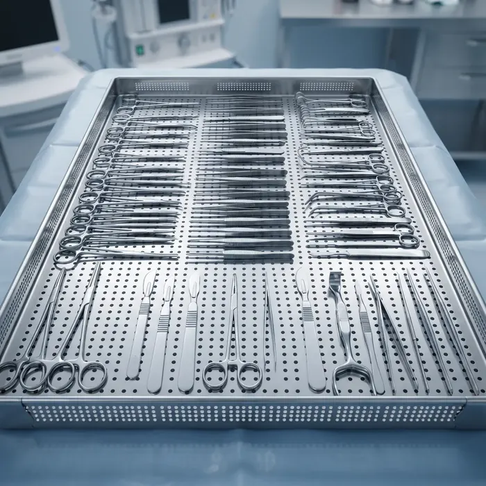 Stainless steel surgical instruments laid out on a sterile tray