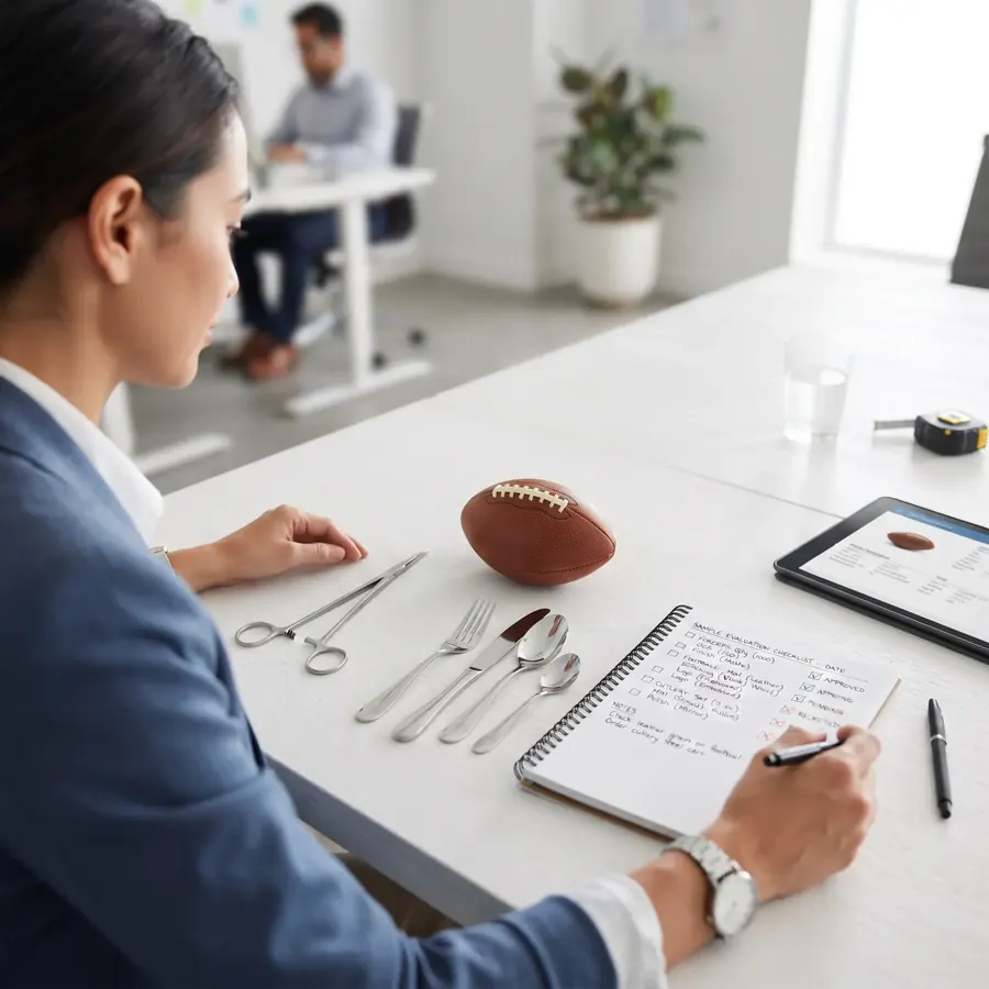 Buyer checking product samples against a sample evaluation checklist