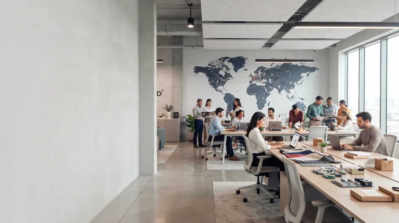 Sourcing team working together beside a world map