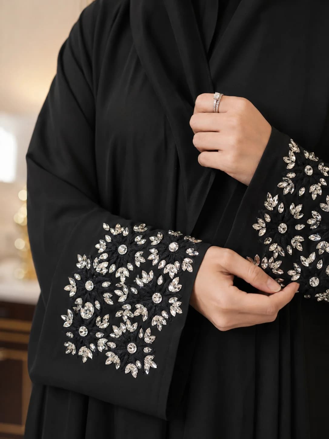 Abaya with floral cuff embellishment