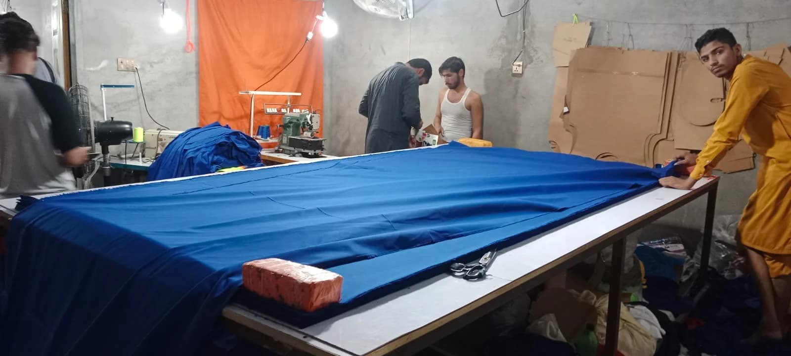 Blue fabric cutting