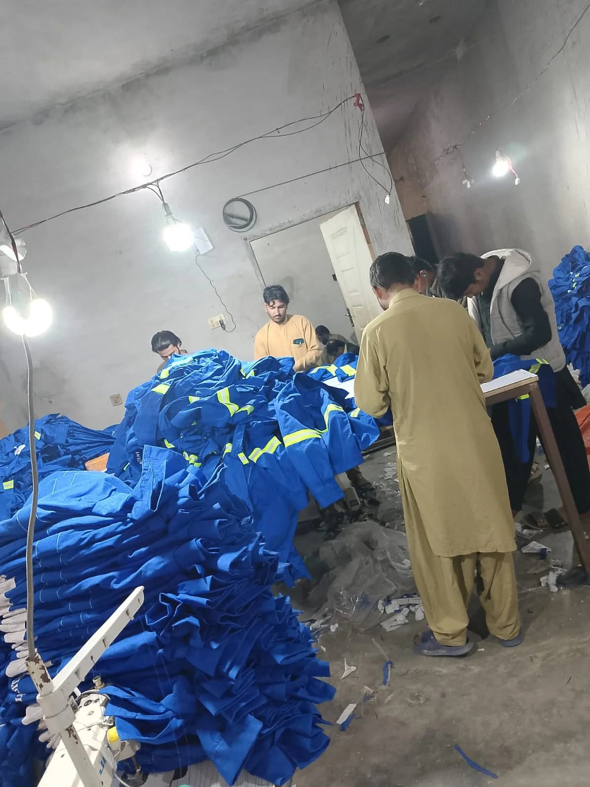 Blue reflective uniforms in production