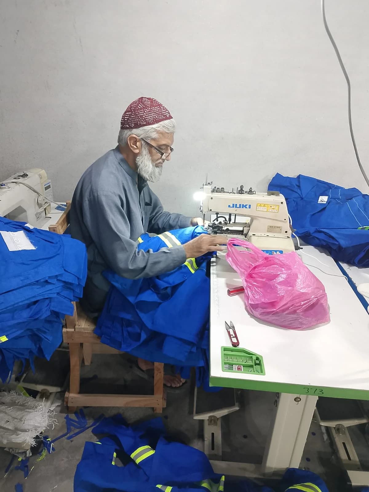Blue reflective uniforms in sewing