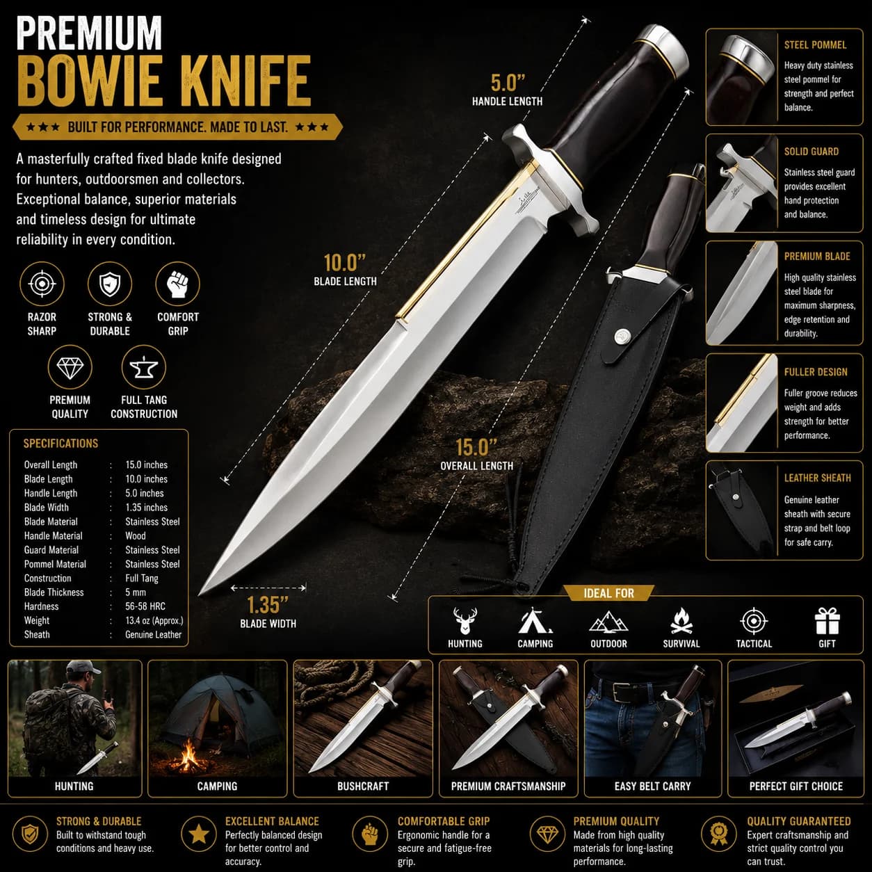 Bowie knife with stainless steel blade