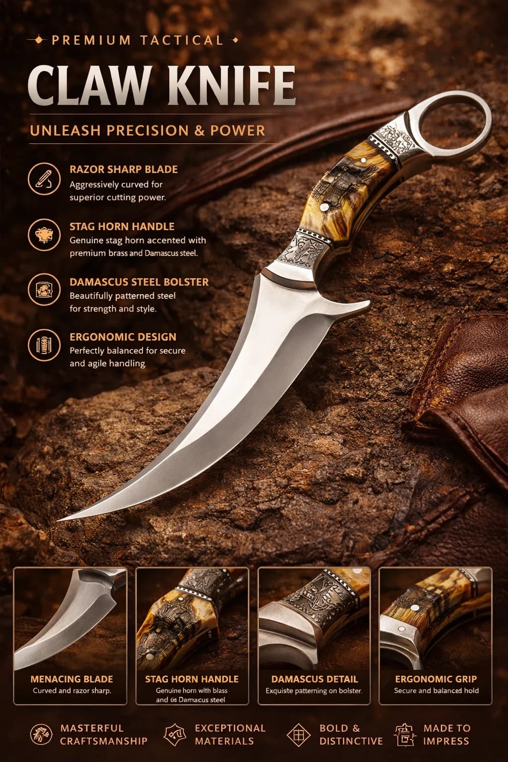 Claw knife with stag horn handle