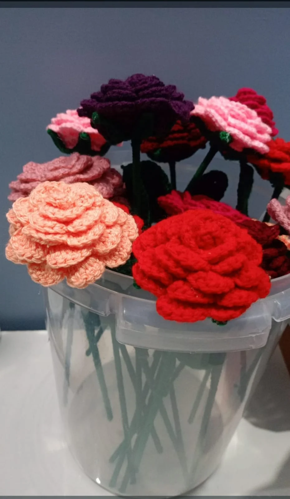 crocheted flowers in multiple colors