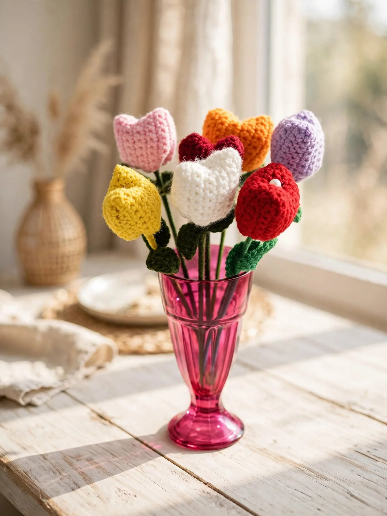 Crocheted tulip-style flowers