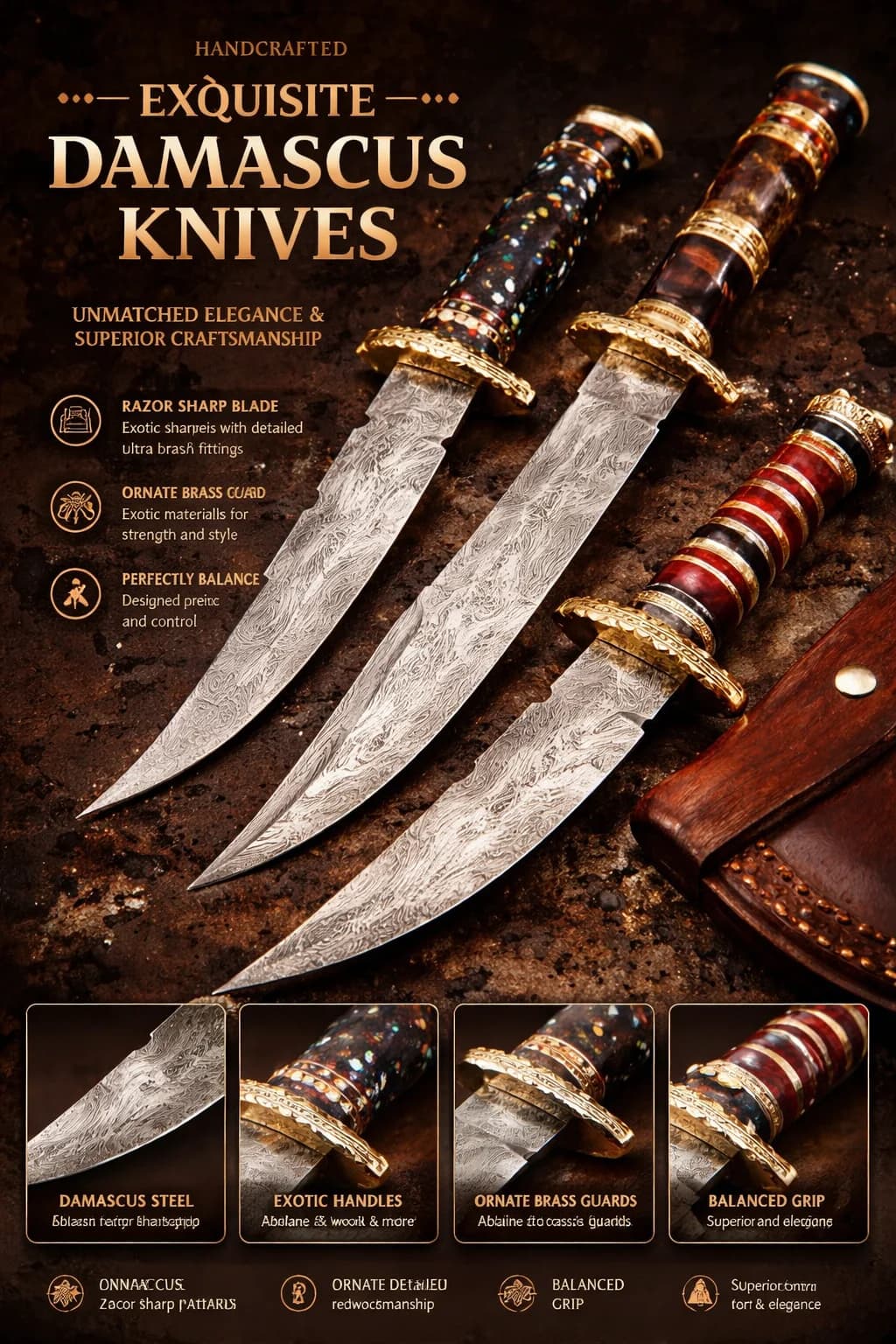 Damascus knives with brass guards