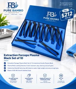 Pure Bambo Industry Extraction Forceps Plasma Black Set of 10 – AISI 410 French Stainless Steel with Fitted Case