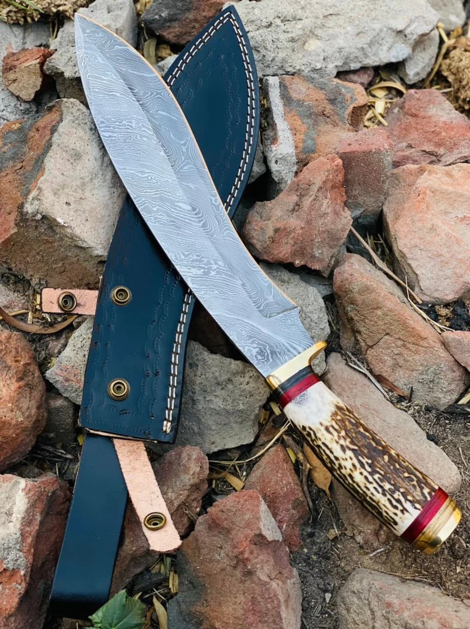 Bowie Knife with Swamp Deer Antler Handle, Damascus-Style Patterned Fixed Blade and Leather Belt Sheath