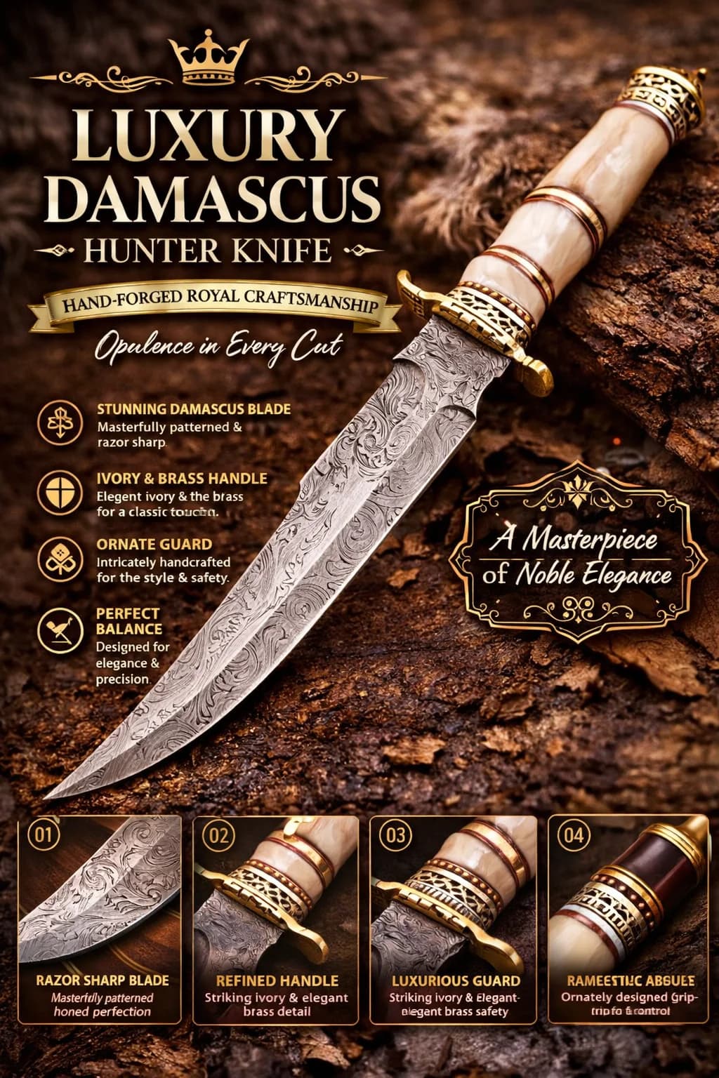 Hunter knife with Damascus blade