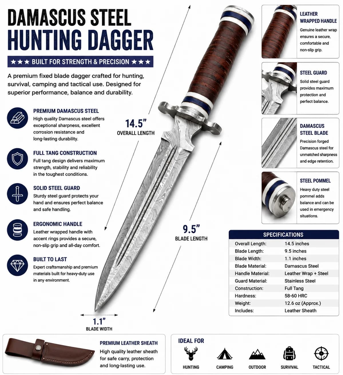 Hunting dagger with Damascus steel blade