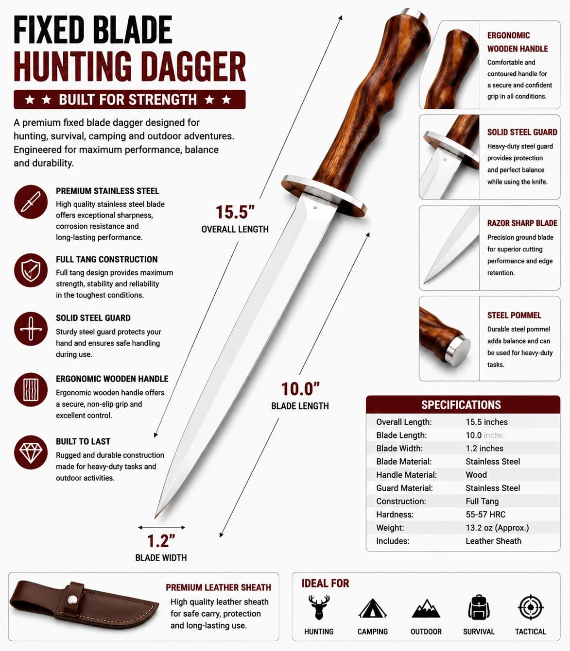 Hunting dagger with stainless steel blade