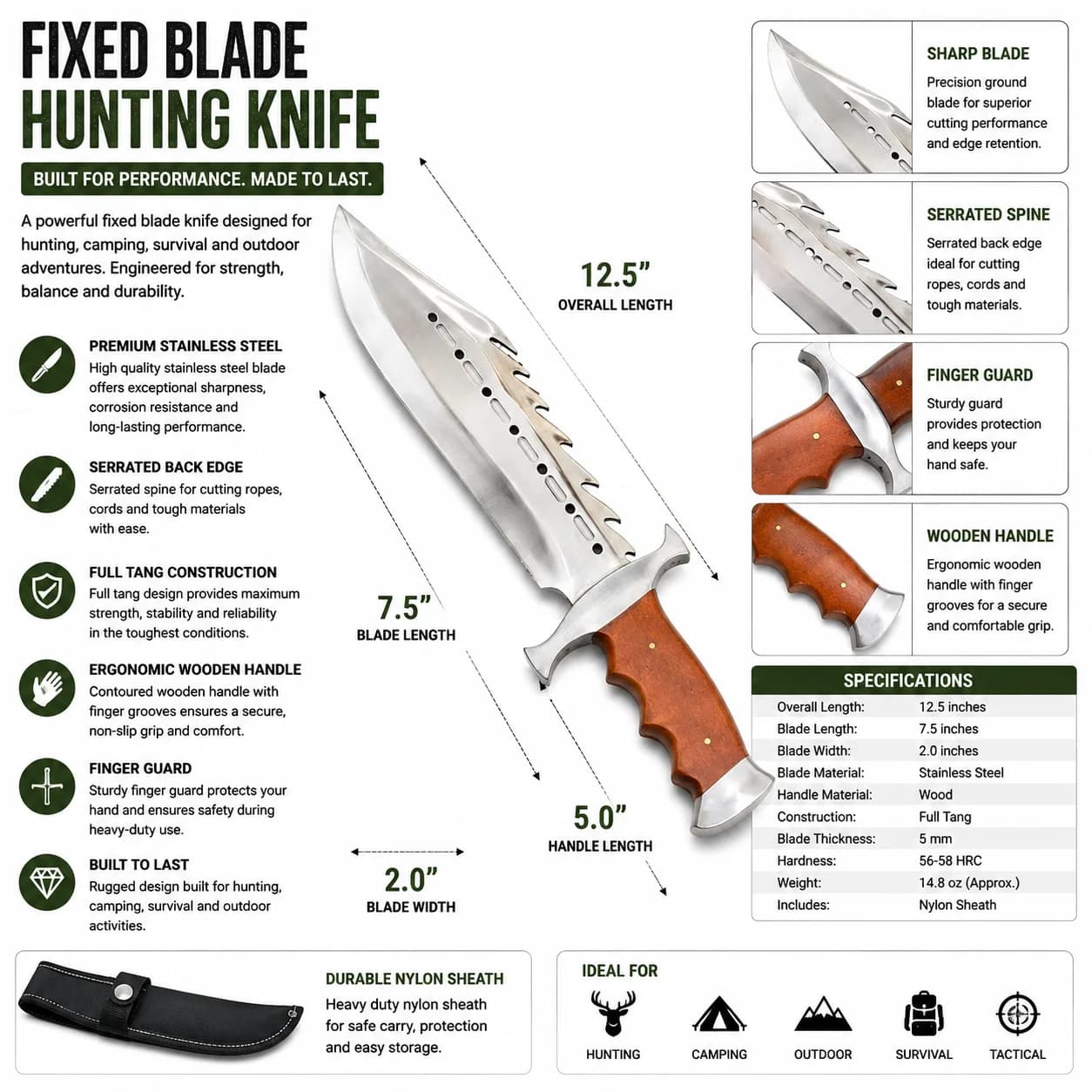 Hunting knife with stainless steel blade