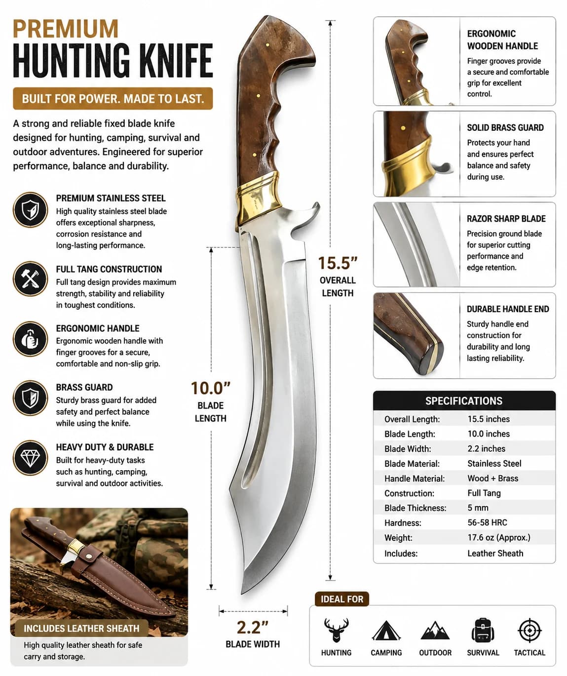 Hunting knife with stainless steel blade