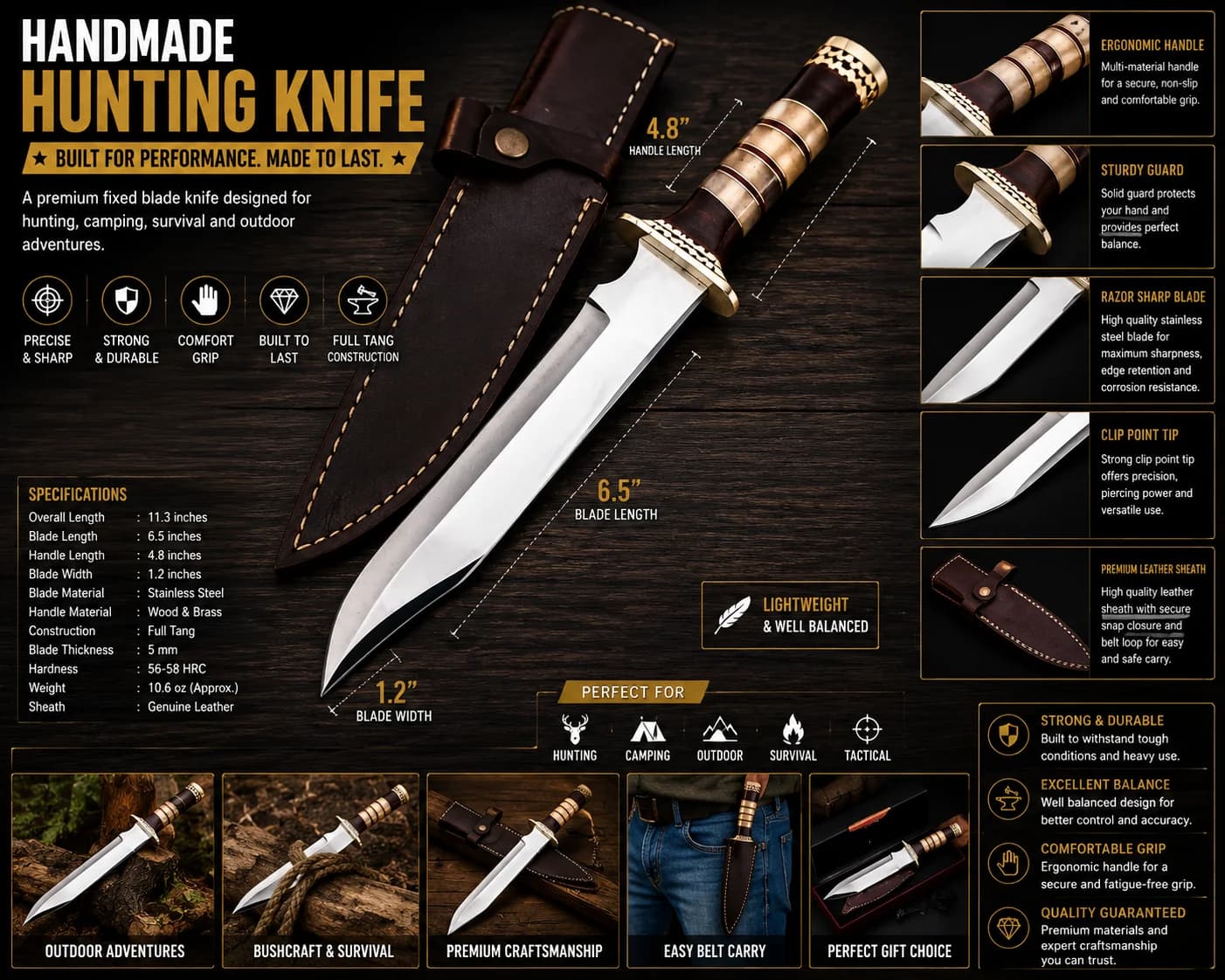 Hunting knife with stainless steel blade