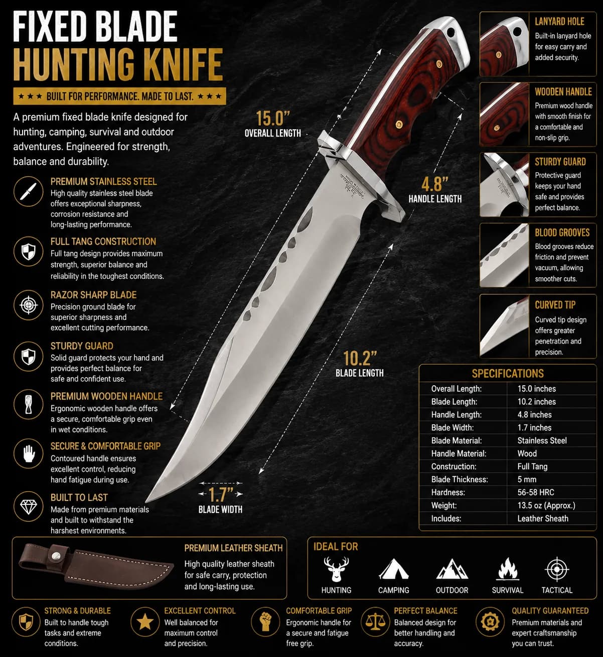 Hunting knife with stainless steel blade