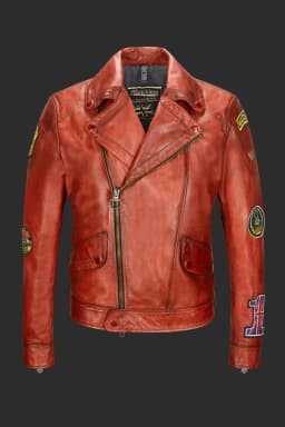 Azwa Sports Men's Red Leather Biker Jacket – Asymmetrical Zipper, Embroidered Patches & Metal Hardware