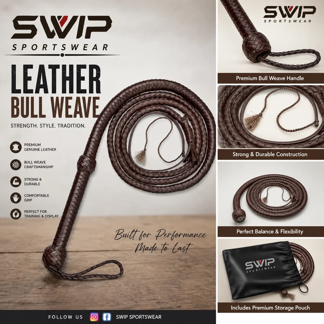 Leather bull weave whip