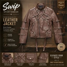 Men's Premium Brown Leather Biker Jacket – Harness Straps, Stand Collar & Metal Hardware