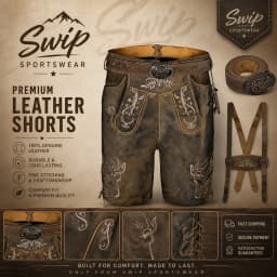 Traditional Bavarian Lederhosen Shorts – Genuine Leather, Embroidered Panels, Metal Buttons & Adjustable Suspenders | Leathers Produce
