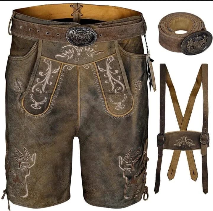 Leather shorts with belt and suspenders