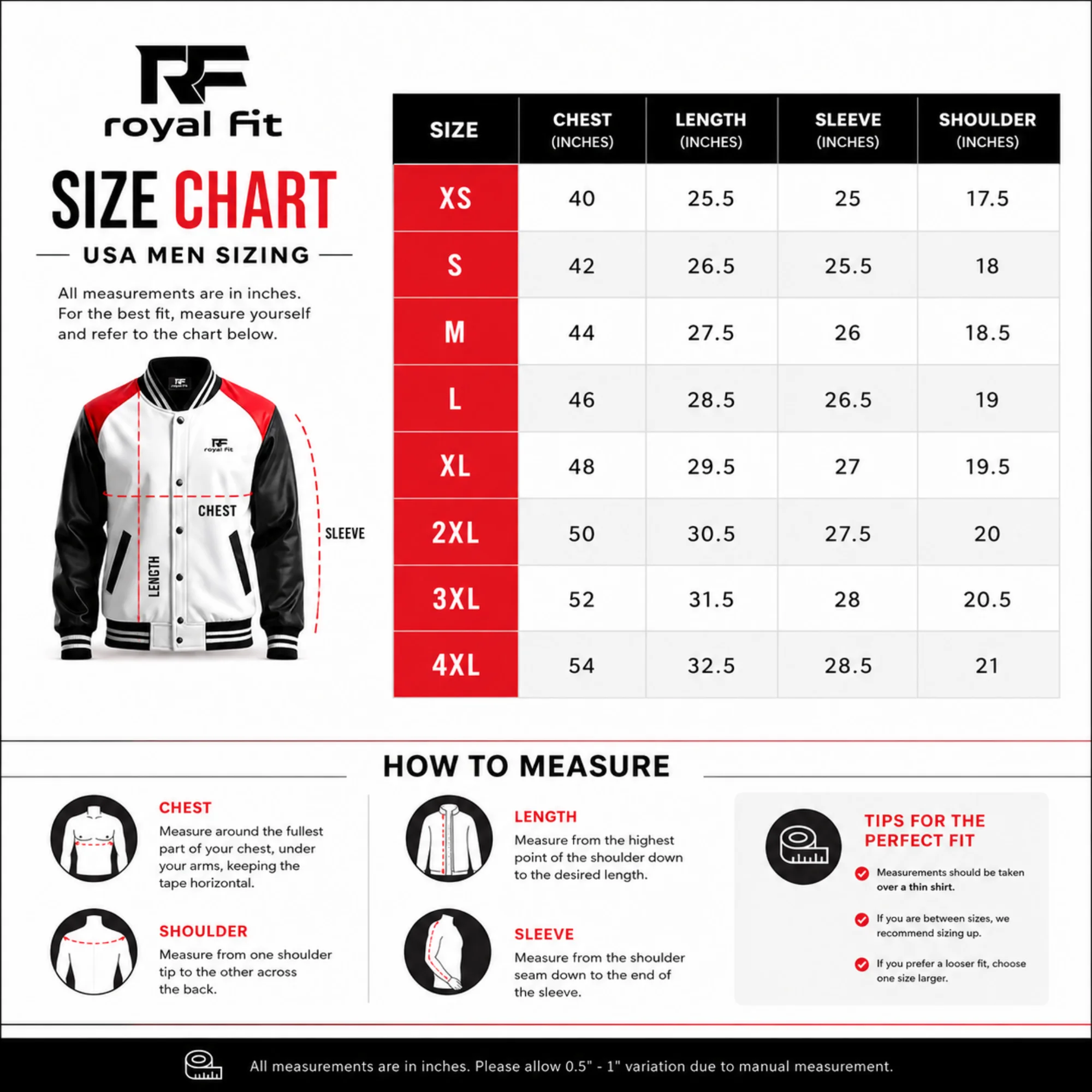 Men size chart varsity jacket