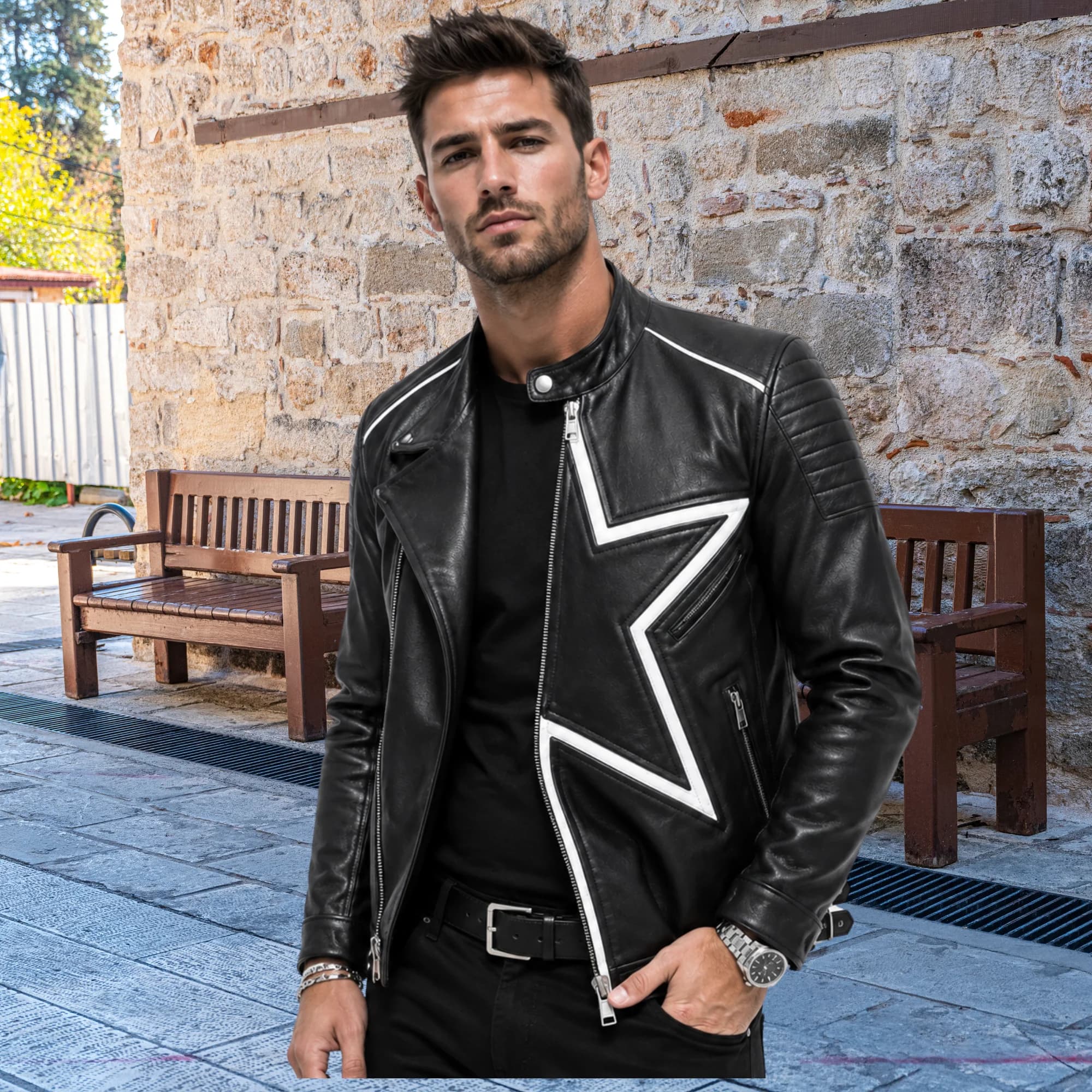 Men’s black leather jacket