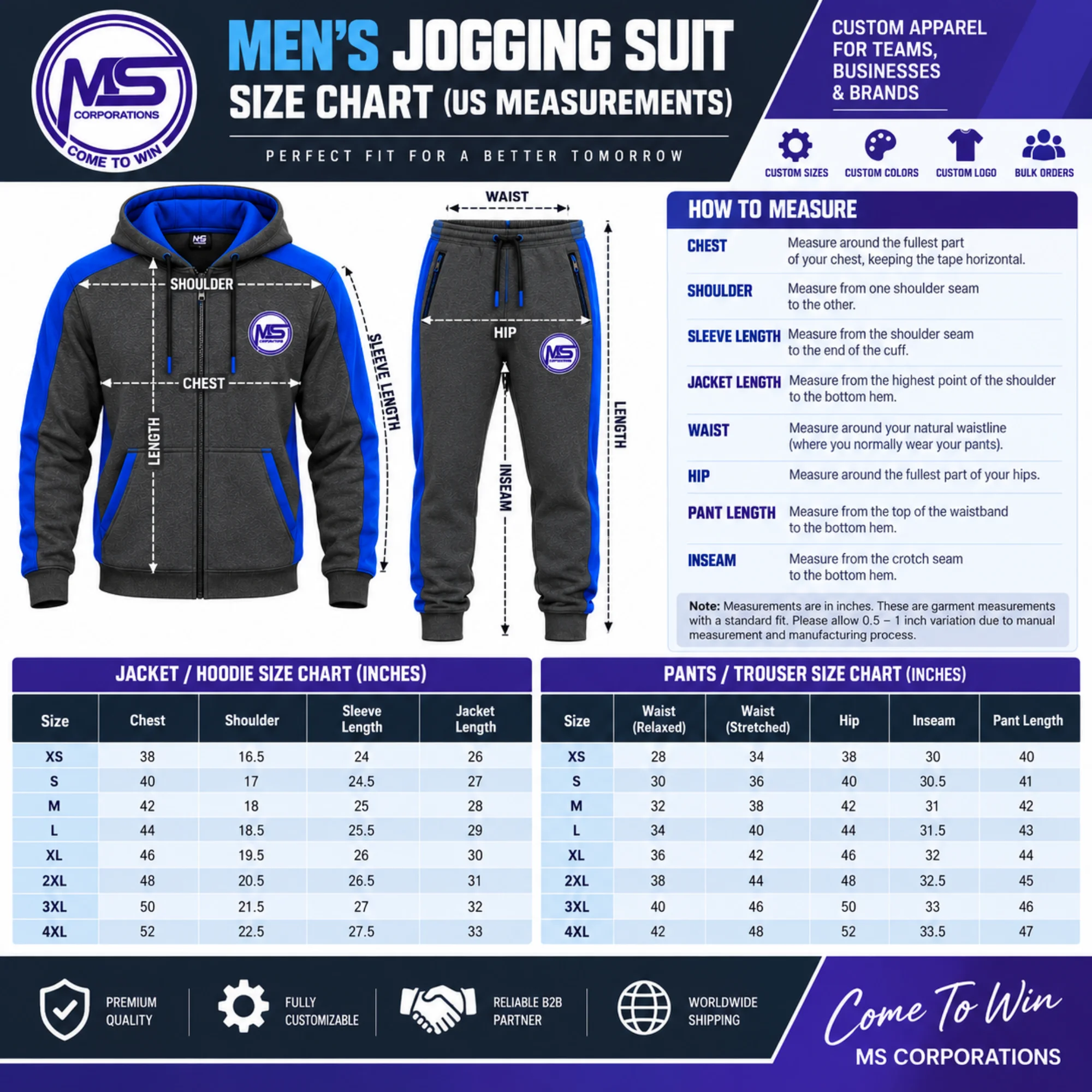 Men’s jogging suit size chart