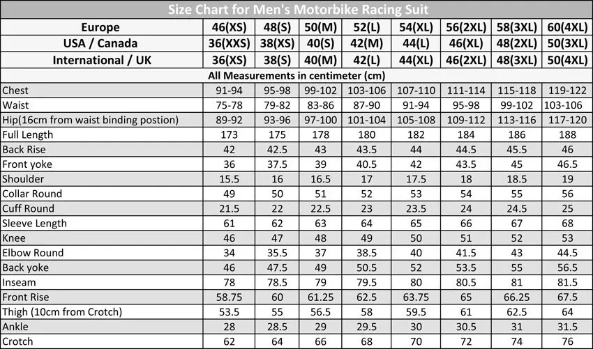 Men's motorbike racing suit size chart