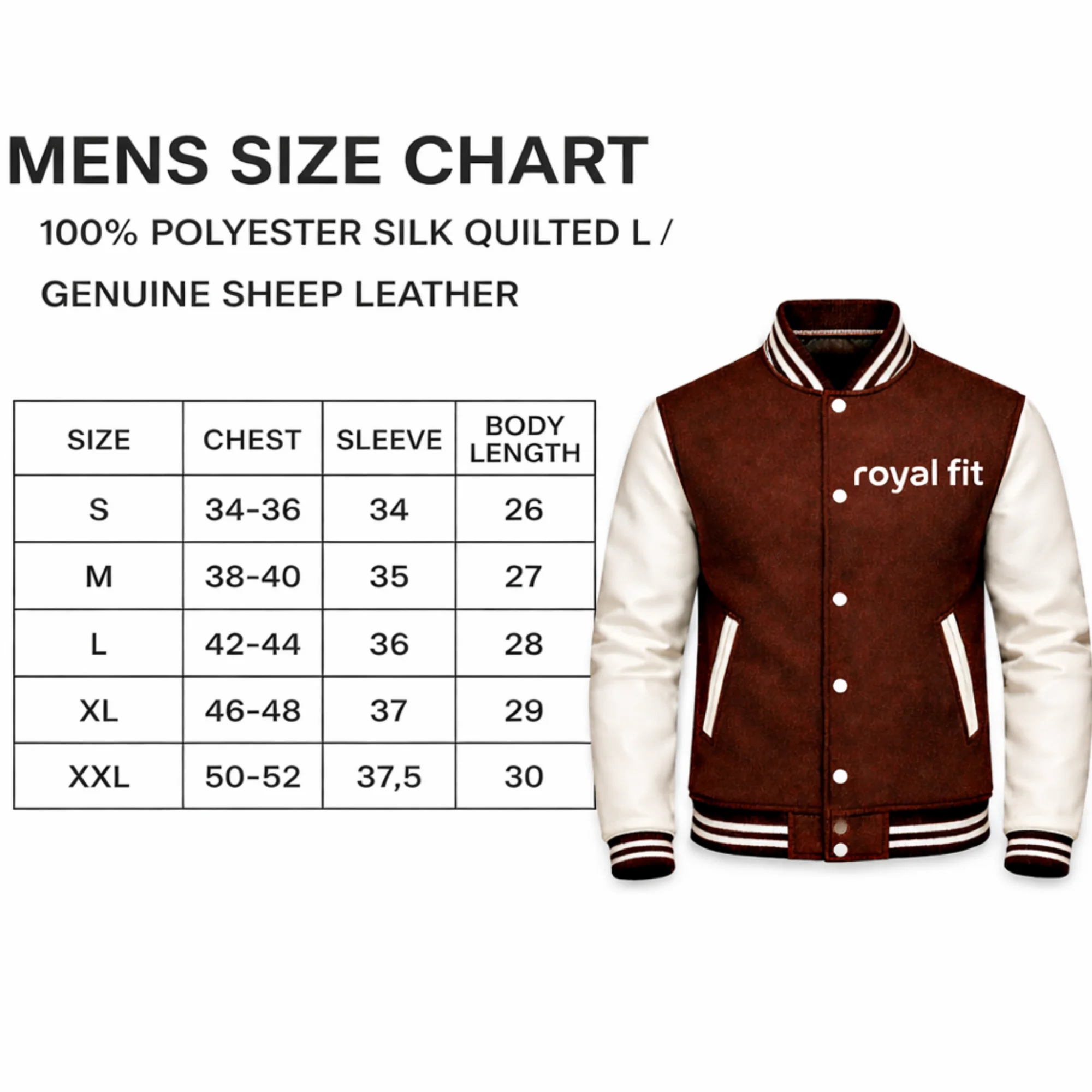 Men’s varsity jacket size chart