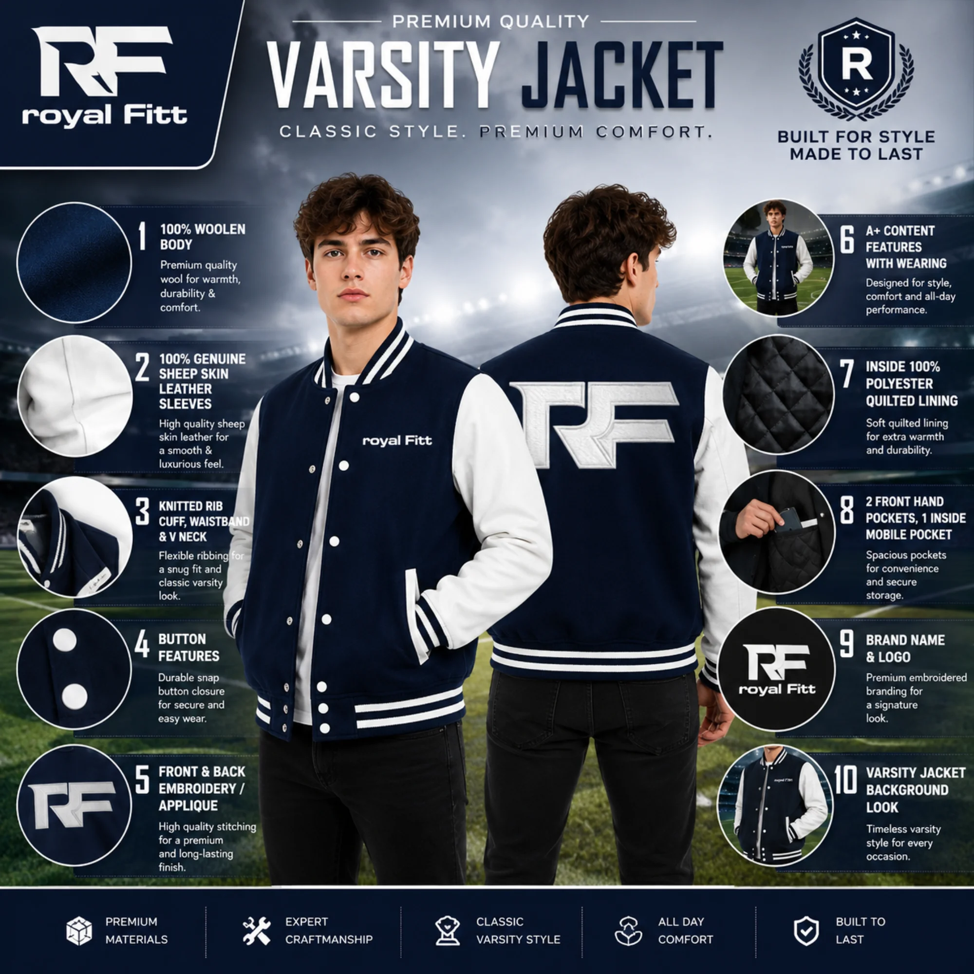 Royal Fitt Men's Varsity Jacket – 100% Wool Body & Genuine Sheepskin Leather Sleeves, Snap-Button Front, Quilted Lining