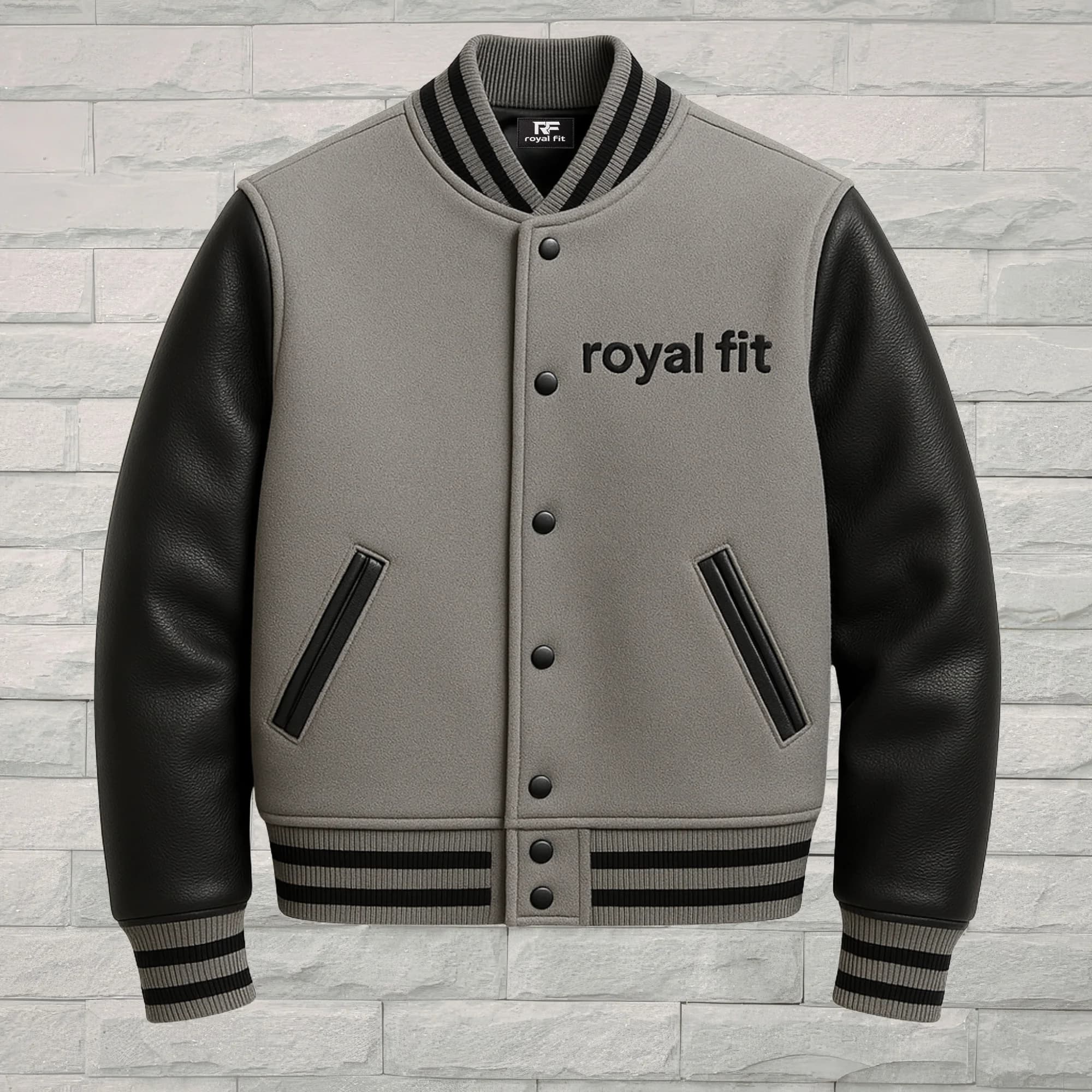 Royal Fit Mens Varsity Letterman Jacket – Wool Body & Genuine Sheepskin Leather Sleeves, Grey & Black