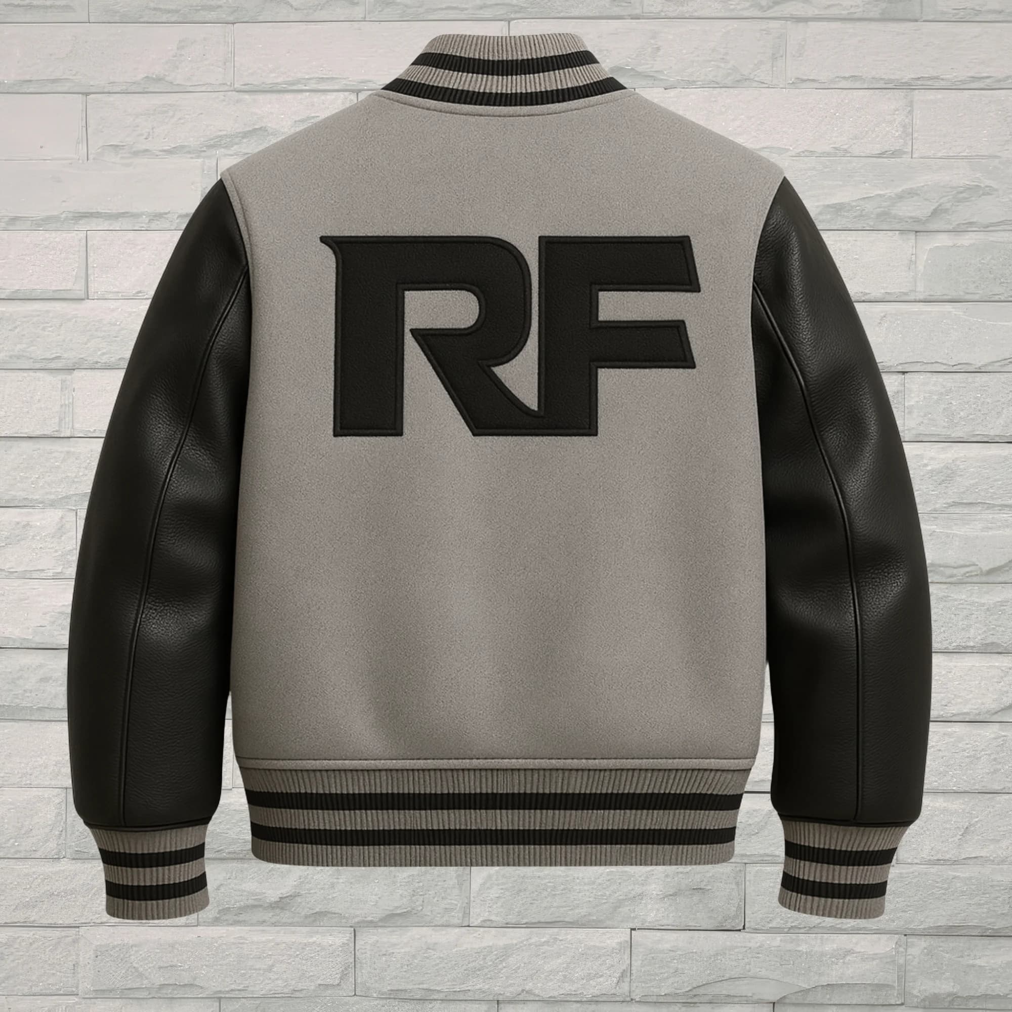 Royal Fit Mens Varsity Letterman Jacket – Wool Body & Genuine Sheepskin Leather Sleeves, Grey & Black