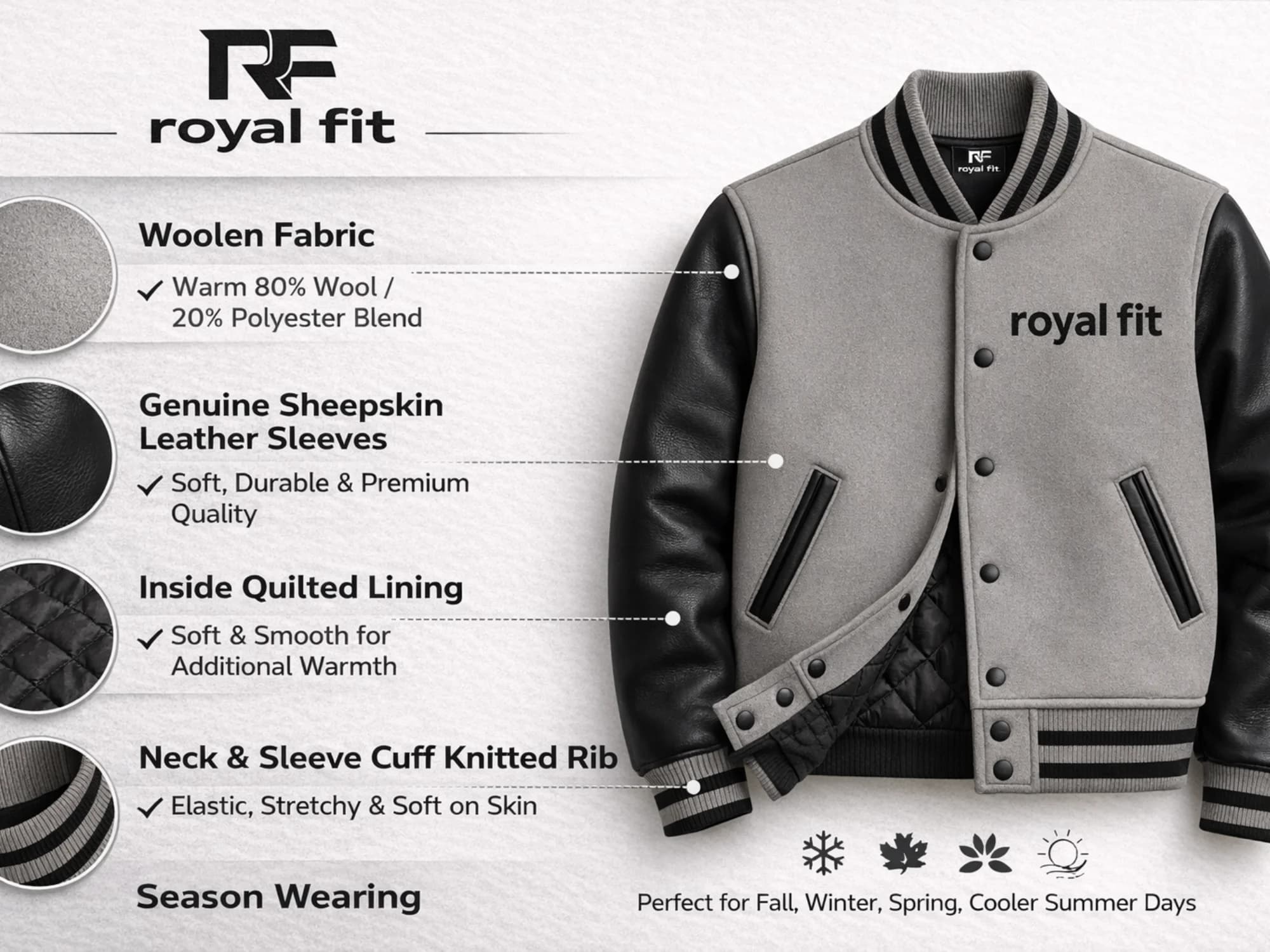 Royal Fit Mens Varsity Letterman Jacket – Wool Body & Genuine Sheepskin Leather Sleeves, Grey & Black