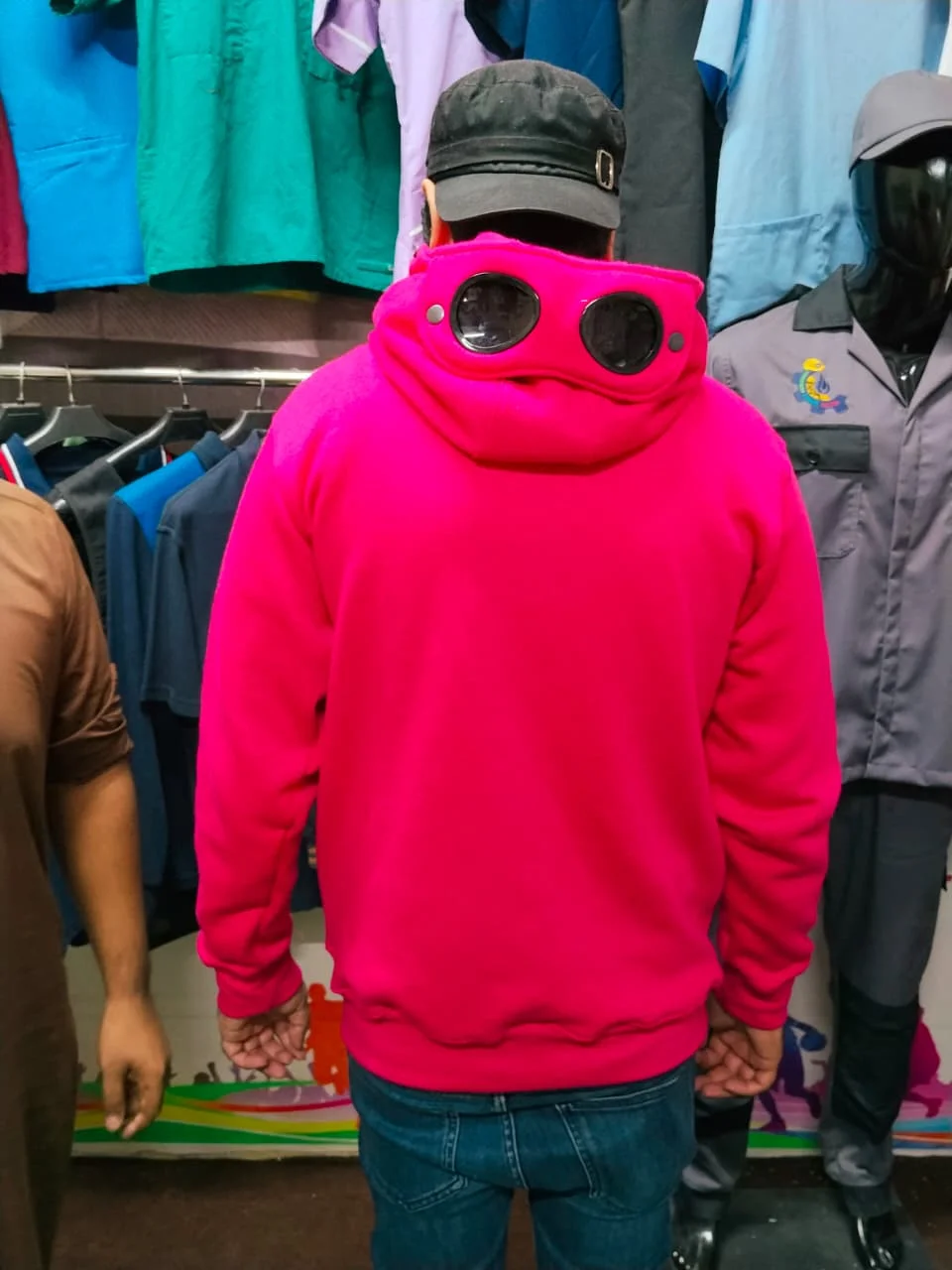 Pink hoodie with goggle hood