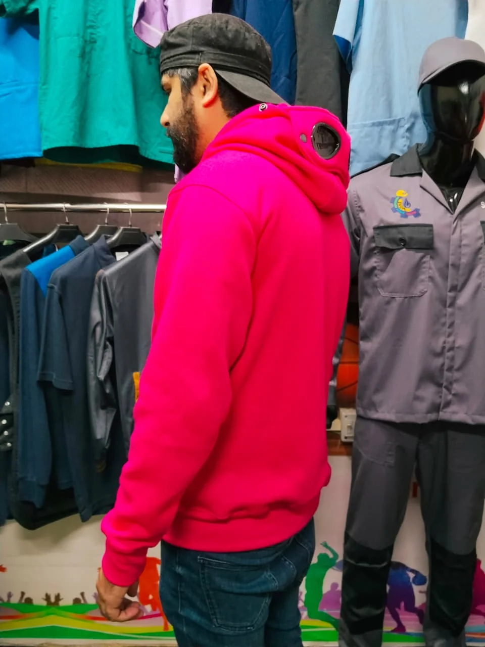 Pink hoodie with rear goggle hood