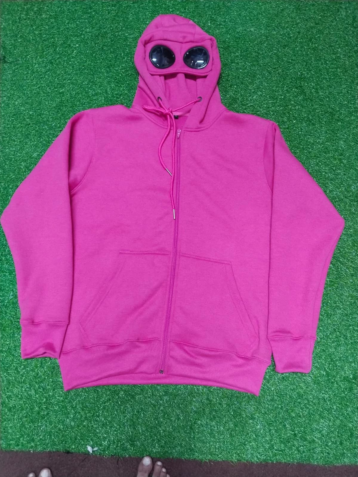 Pink zip-up hoodie with goggle hood