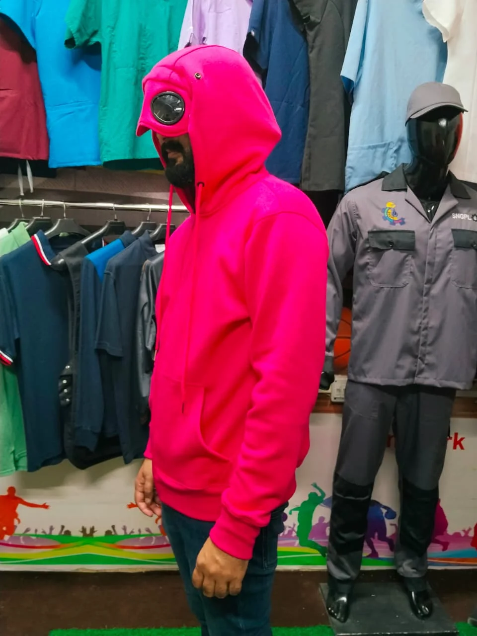 Pink zip-up hoodie with goggle hood