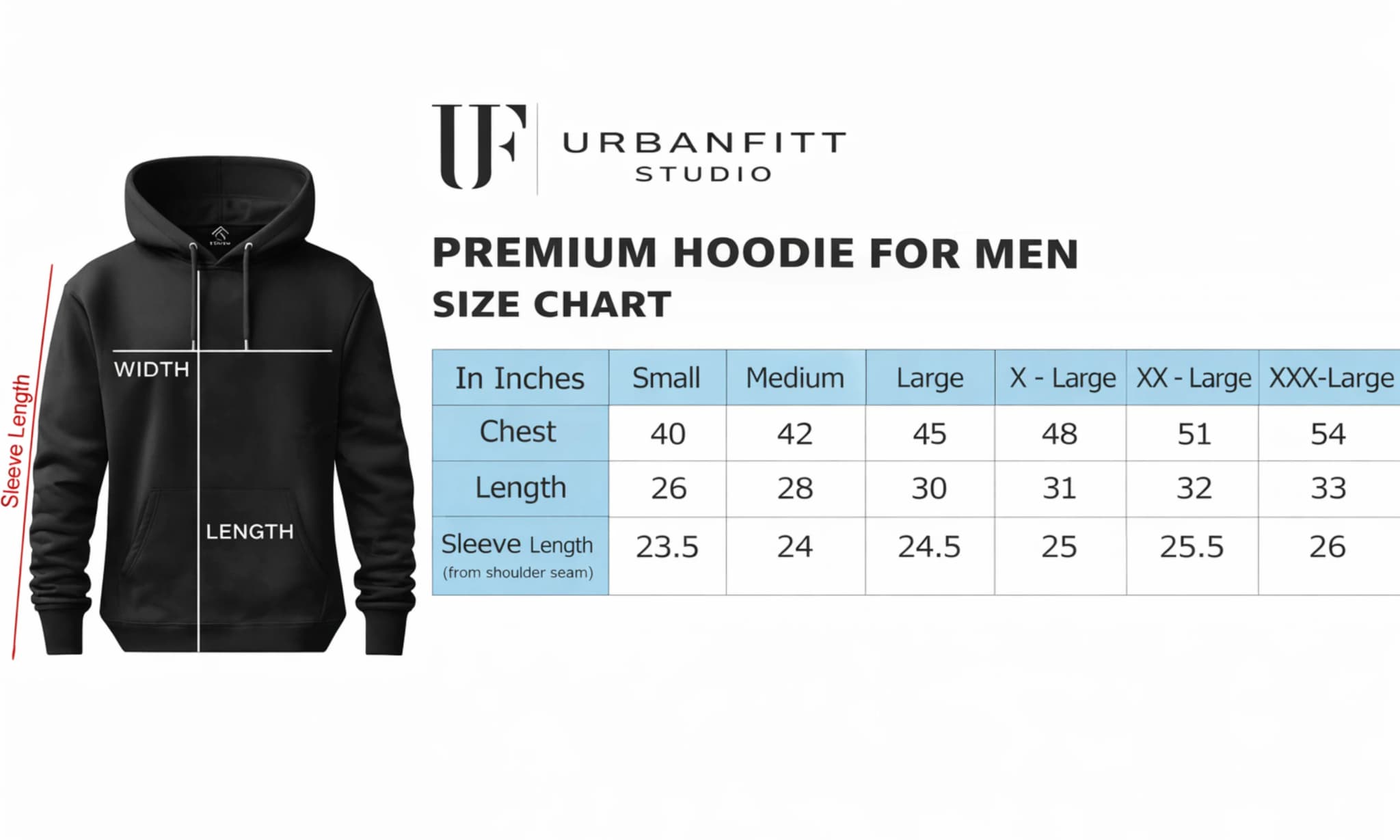 Premium hoodie for men size chart