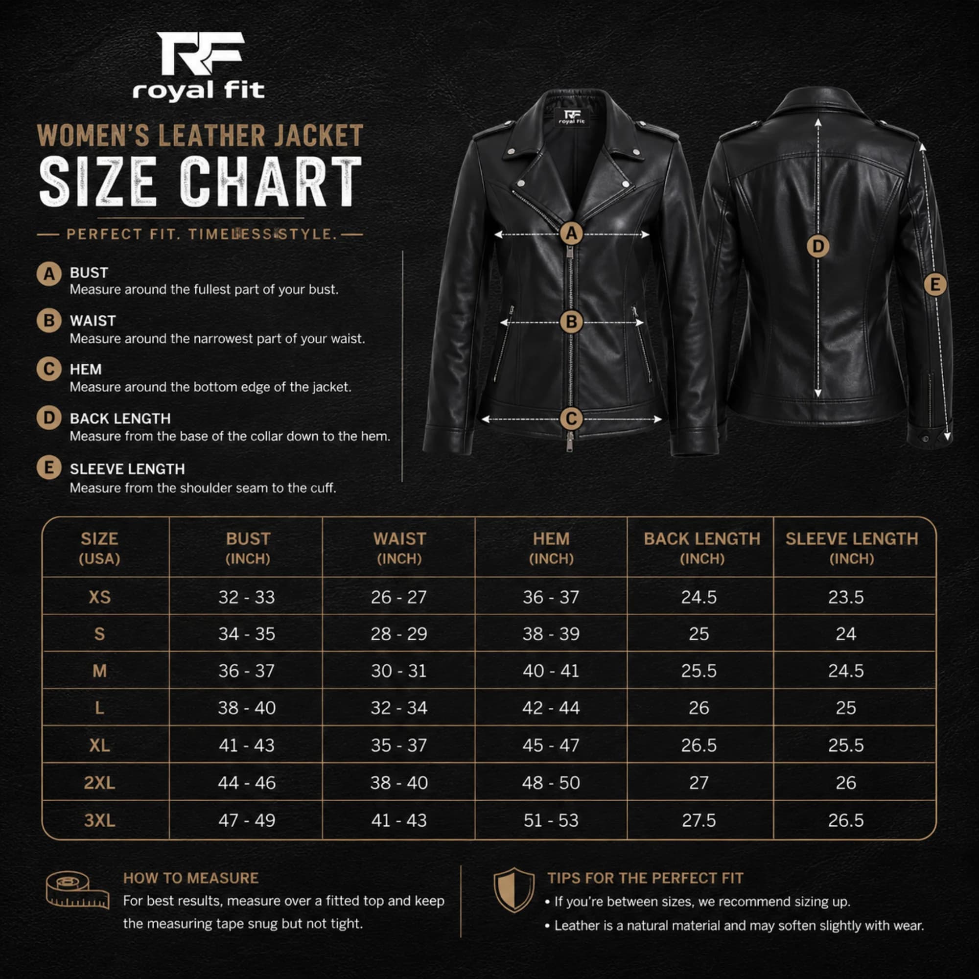 Royal Fit women’s leather jacket size chart